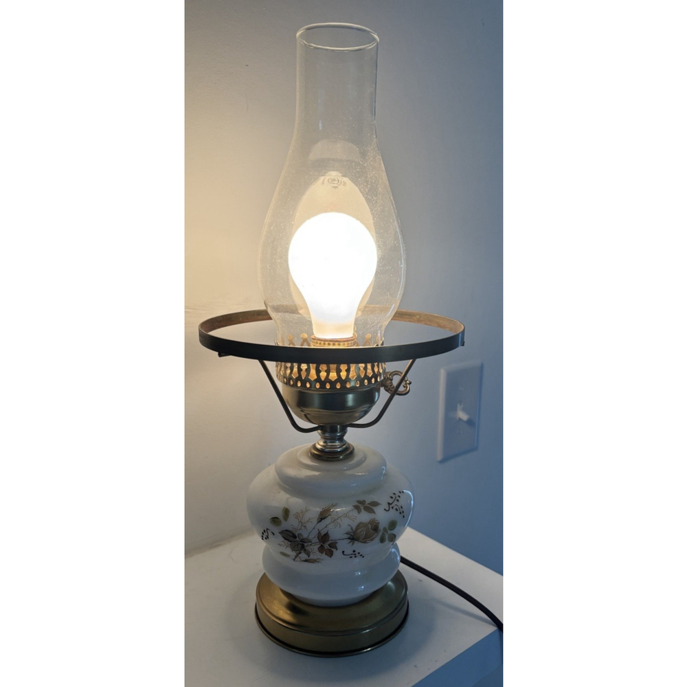 Vintage Hurricane 3 way lamp White, Soft Blue Flowers w/brown & green accents